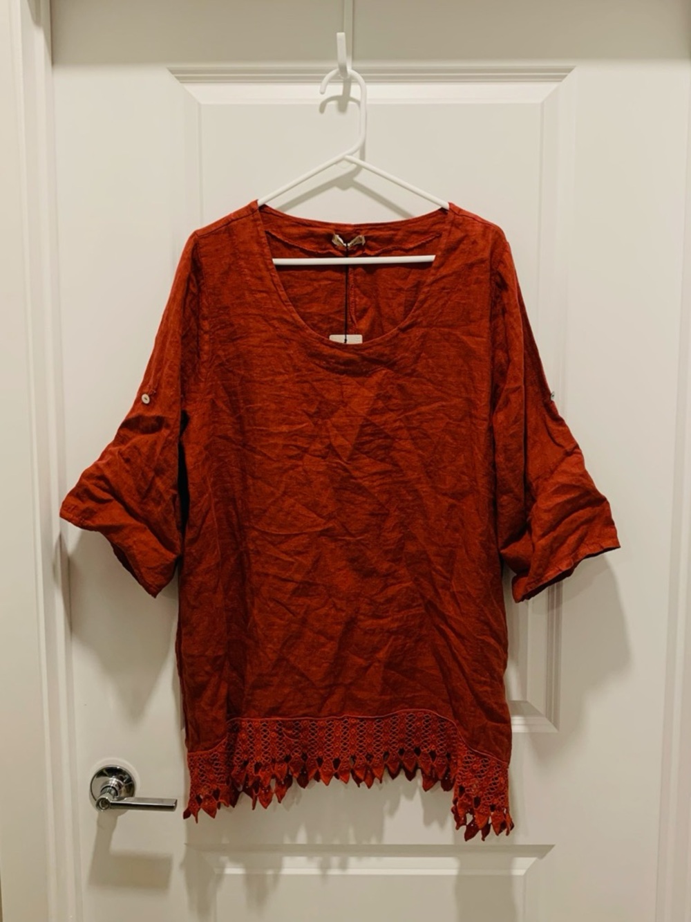 NWT Lungo L'arno ITALIAN 100% Linen Crochet Top Shirt terracotta burnt red 1X